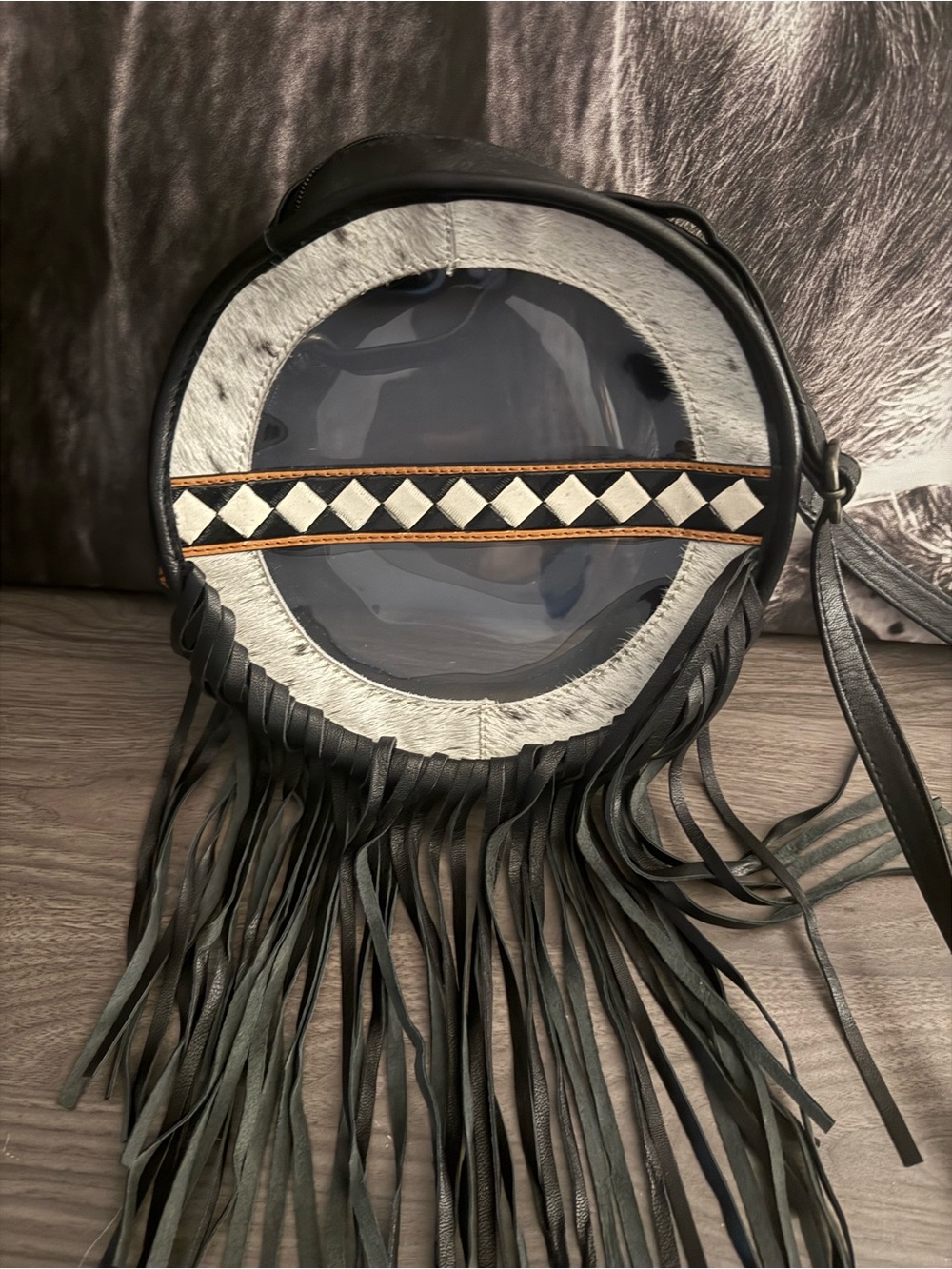 Round Fringe Crossbody Bag with Clear Window - Black & White